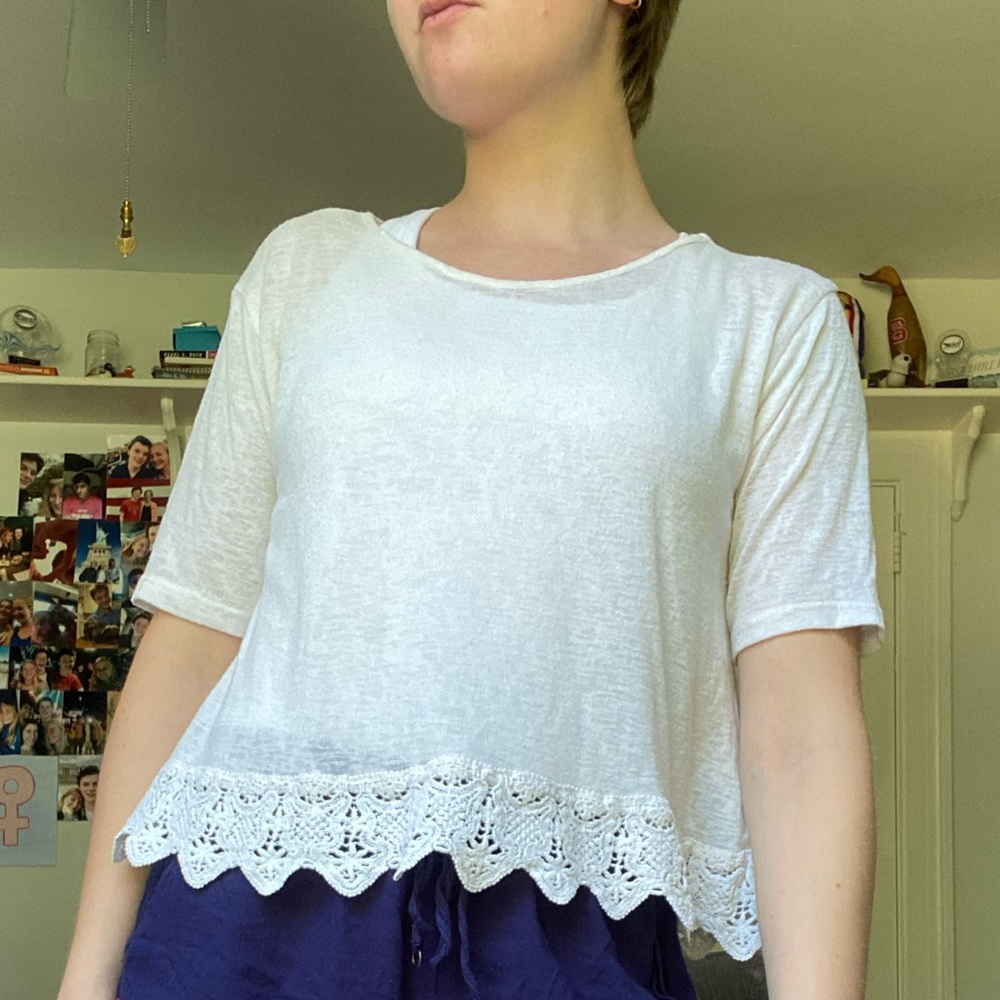 white shirt with lace hemming